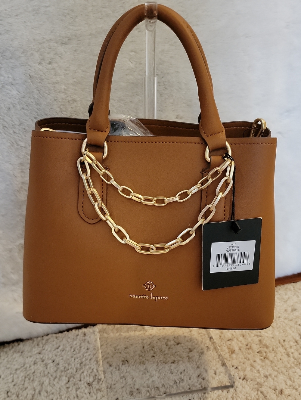 Nanette Lepore Cognac Satchel/Crossbody with Detachable Strap& Gold Chain Accent